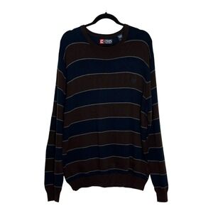 Chaps Mens Navy Blue Brown Striped Crewneck Cotton Knit Sweater Large L